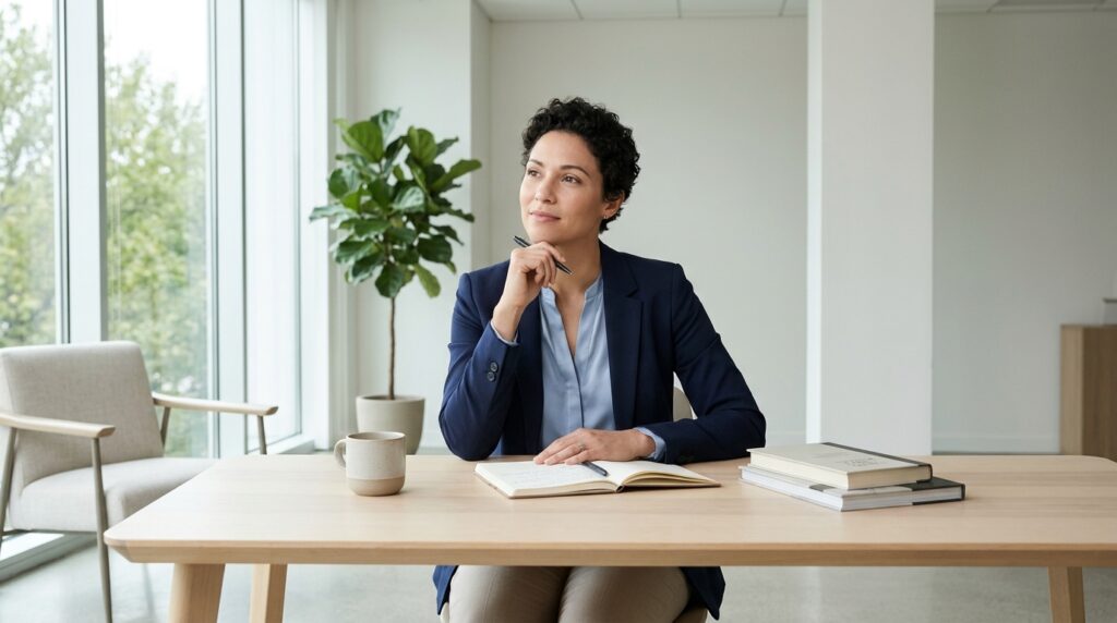 Mulher com cabelo curto e cacheado sentada à mesa de escritório segurando uma caneta perto do queixo, olhando pensativa para o lado.